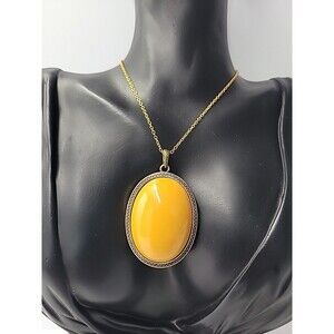 Vintage Orange Yellow Cabachon Oval Pendant Necklace Gold Tone Boho Jewelry